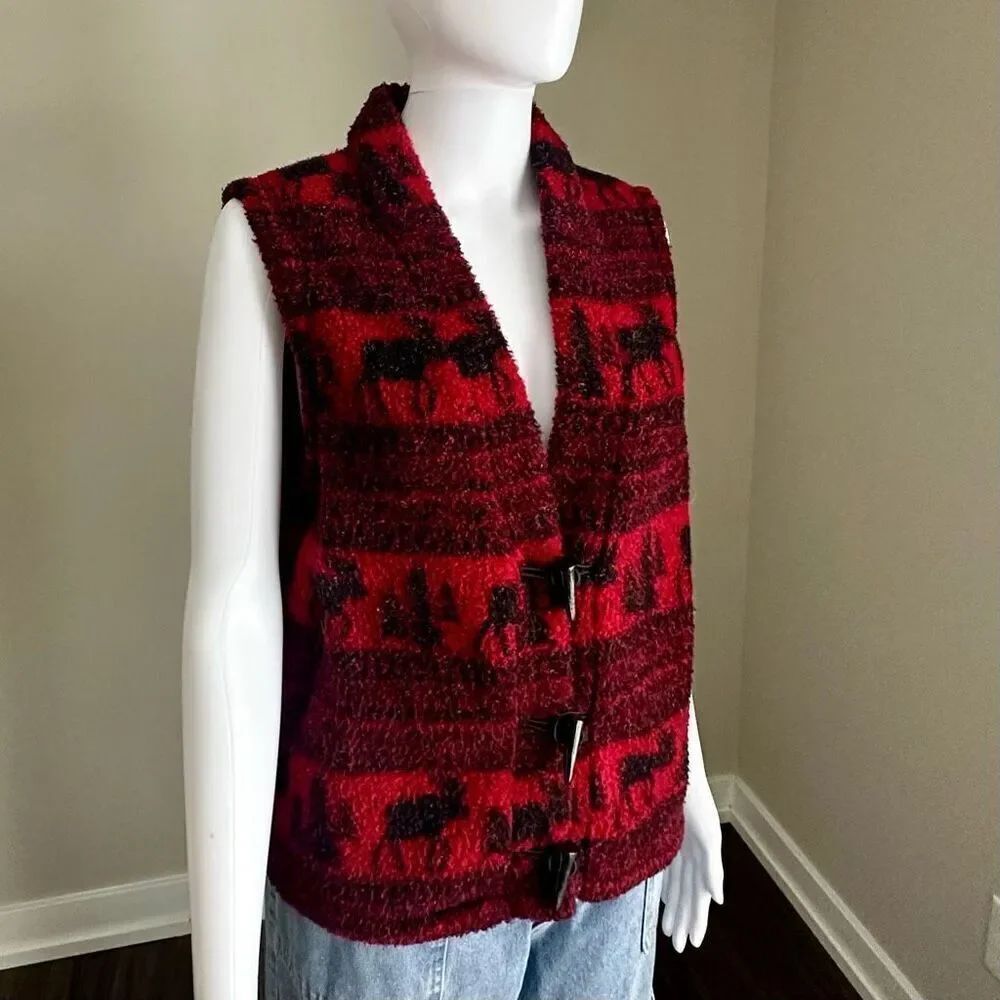 Vintage Woolrich CabinCore  Red + Black Winter Print Fleece Vest Toggle Closure